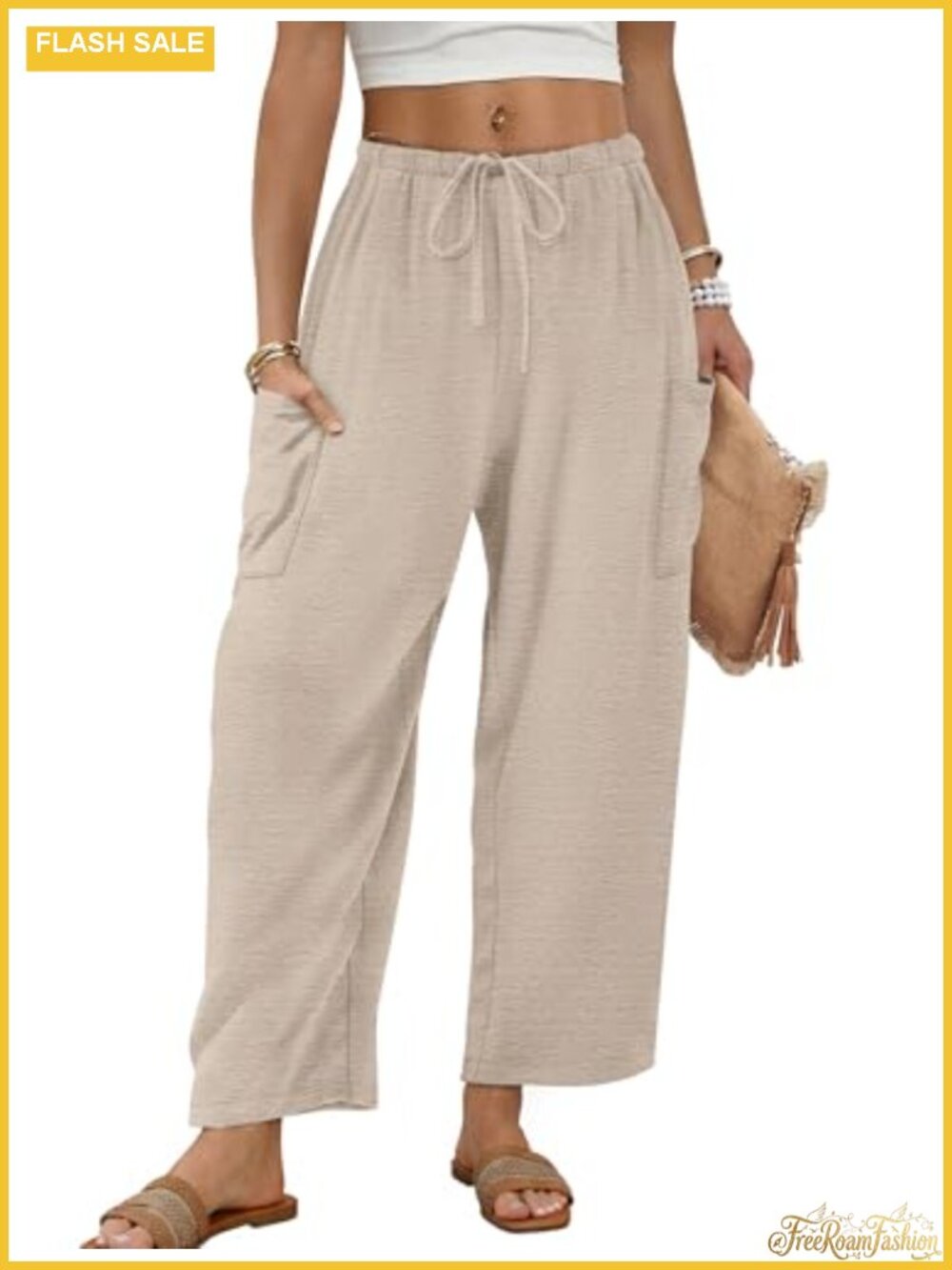 Wide Leg Pants for Women Palazzo Flowly Elastic Waist Pockets Summer